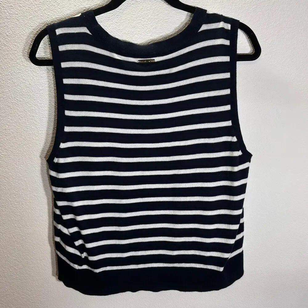 Michael Kors Navy White Stripe Sleeveless Knit Top XL Gold Button Shoulder